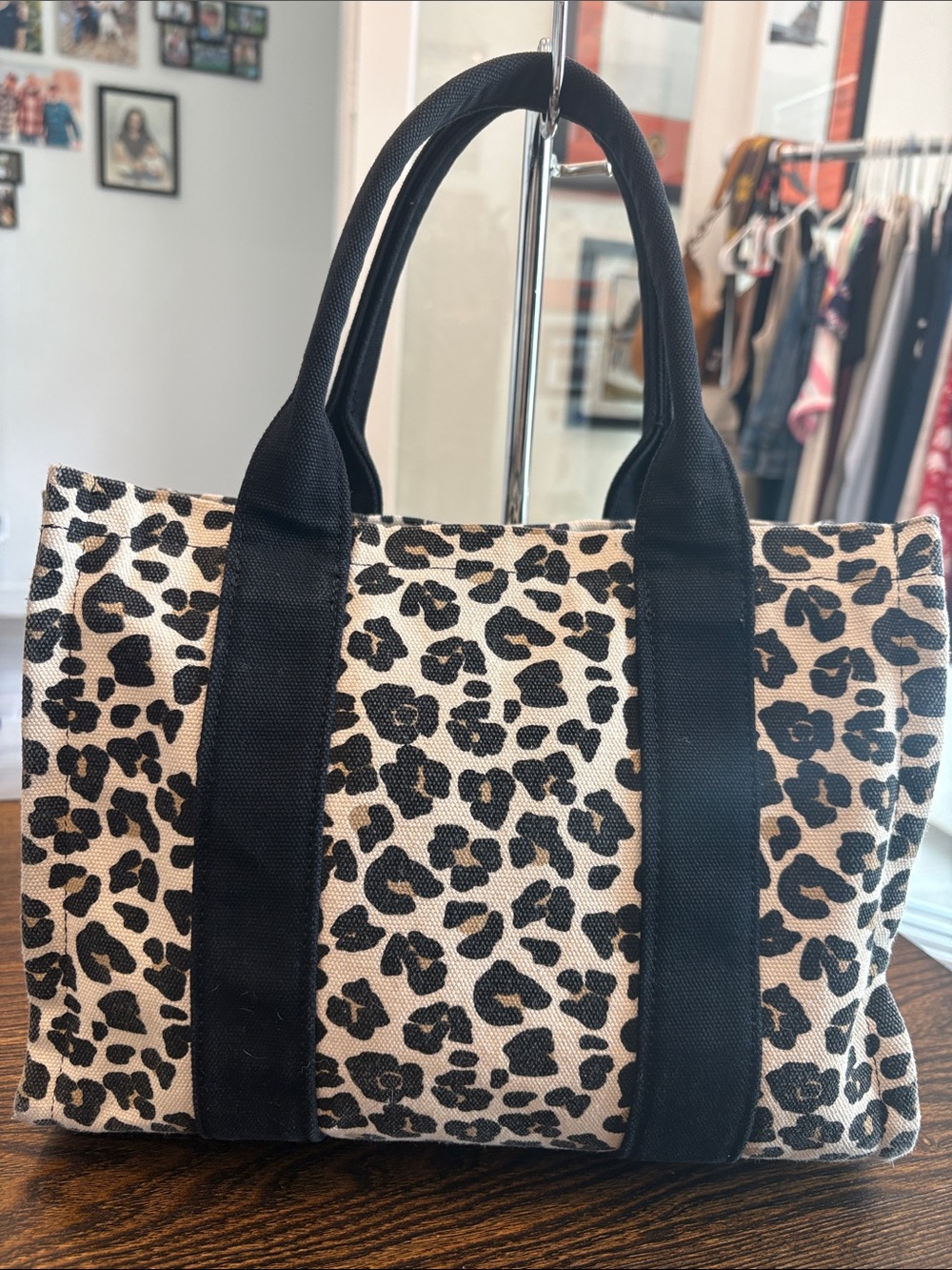 Leopard Print Canvas Tote Bag with Black Handles